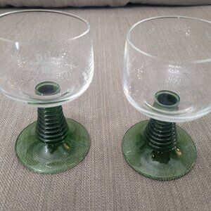 Pair (2) Vintage 1.5l Luminarc Clear Stems Glasses  Green Ribbed Base France